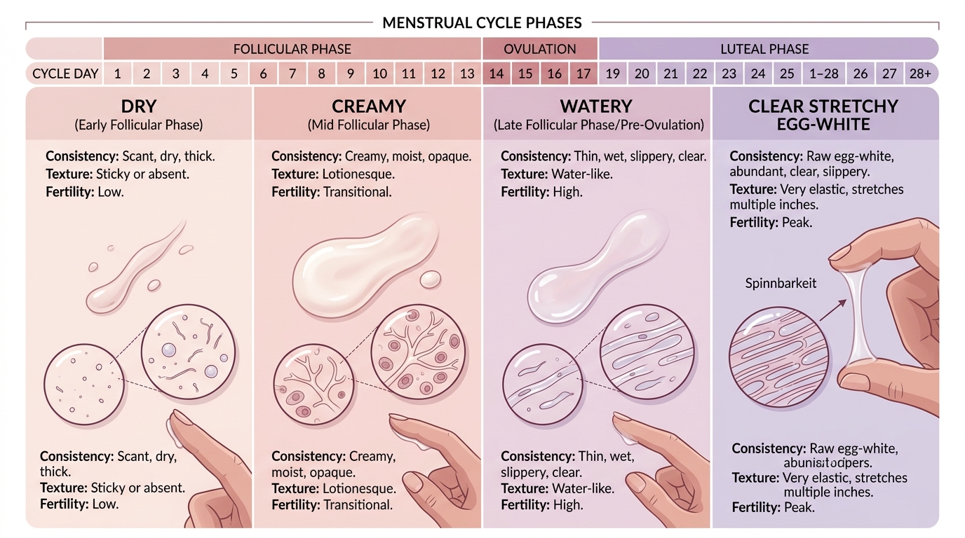 Clinical diagram showing cervical mucus progression from dry, creamy, watery to raw egg-white consistency during fertile window