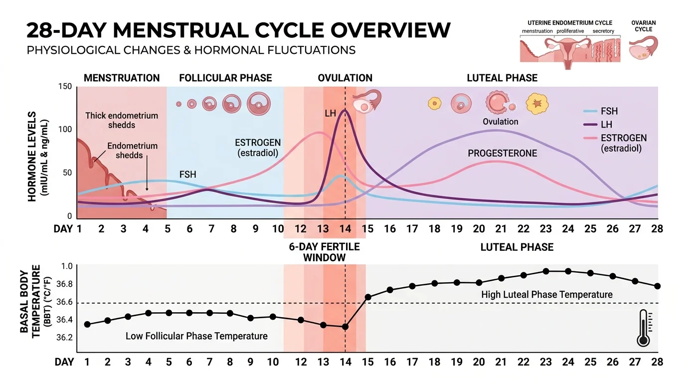 Biological fertile window timeline showing ovulation, LH surge, and peak conception days